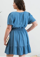 Load image into Gallery viewer, Plus Split Neck Flounce Chambray Mini Dress
