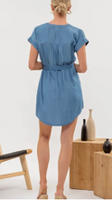Load image into Gallery viewer, Split Neck Belted Chambray Mini Dress
