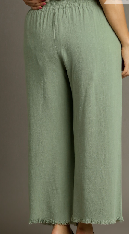 Linen Blend Elastic Wide Leg Plus Pant