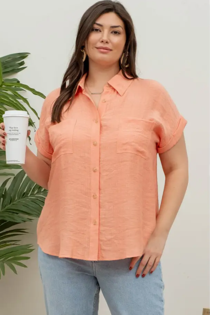 Plus Solid Fold Sleeve Button Down Top