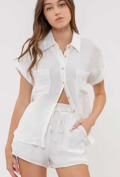 Solid Fold Sleeve Button Down Top