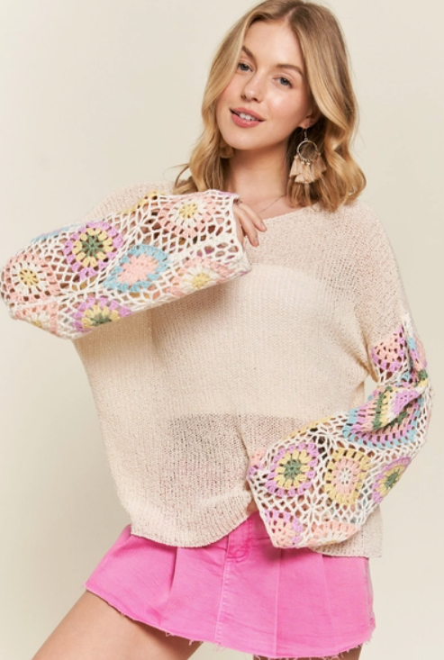 Multi Color Crochet Sleeve Loose Top