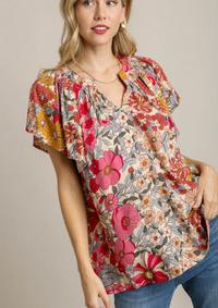 Floral Print Boxy Cut Split Neck Top