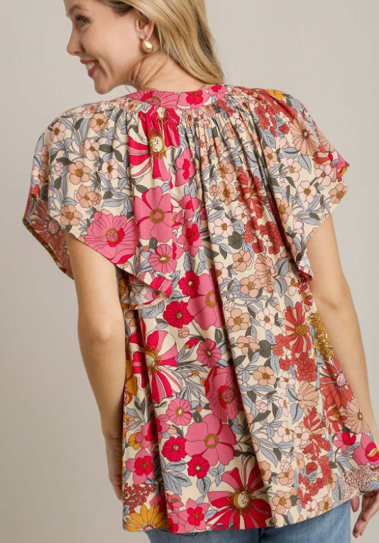 Floral Print Boxy Cut Split Neck Top