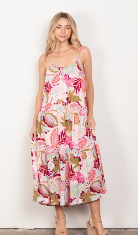 Sleeveless Tropical Printed Summer Midi Dress