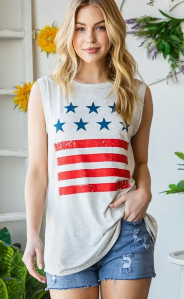 Sleeveless Solid with Flag Theme Top