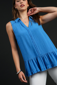 Linen Sleeveless Collared Top with Fray Details