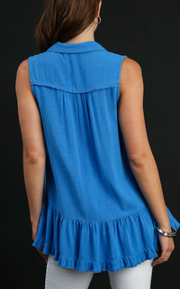 Linen Sleeveless Collared Top with Fray Details