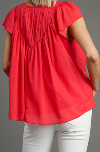 Short Sleeve Pleated Split Neck Top