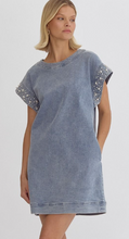 Load image into Gallery viewer, Short Sleeve Denim Dress with Pearl Detail
