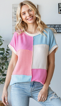 Short Sleeve Ribbed Patchwork Top