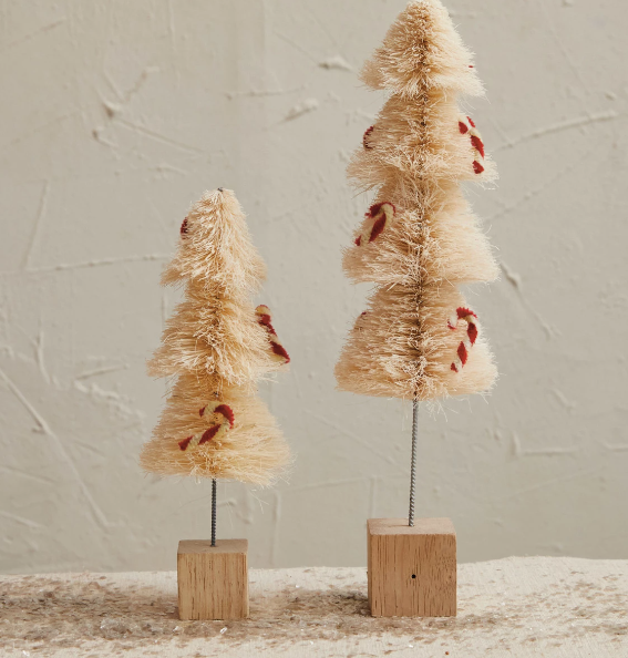 Sisal Bottle Brush Tree w/ Chenille Candy Cane & Wood Base