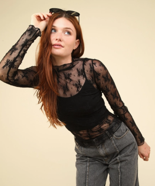 High Neck Fitted Sheer Mesh Lace Knit Top