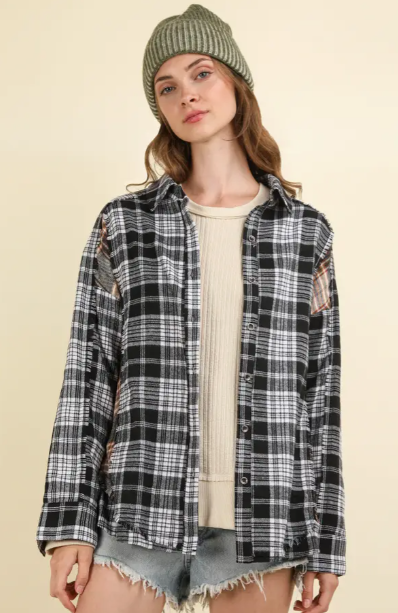 Contrast Plaid Detail Casual Shirt Top