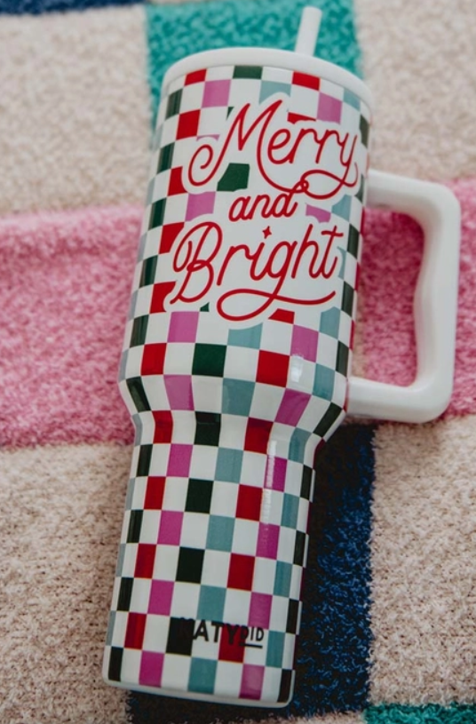 Merry & Bright Checkered Tumbler Cup w/ Handle