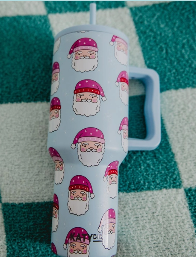 Pink Santa Hats Blue Tumbler