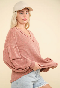 Two Tone Otto Ribbed V-Neck Oversized Knit Top