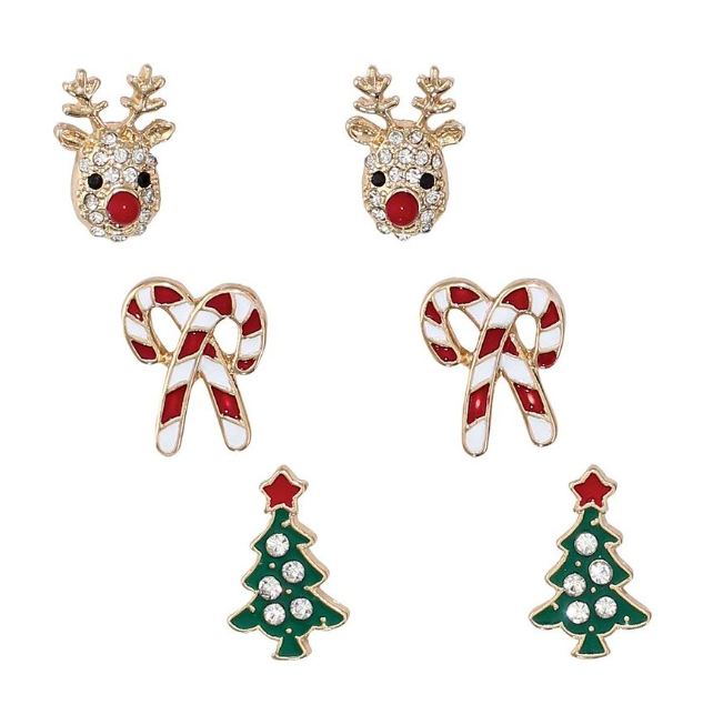 Rudolph, Tree And Candy Cane Trio Earrings