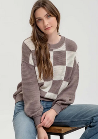 Checkered Crochet Knit Long Sleeve Sweater