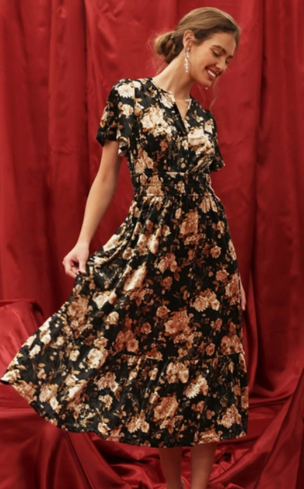 Floral Velvet Splice Shirred Waist Midi Dress