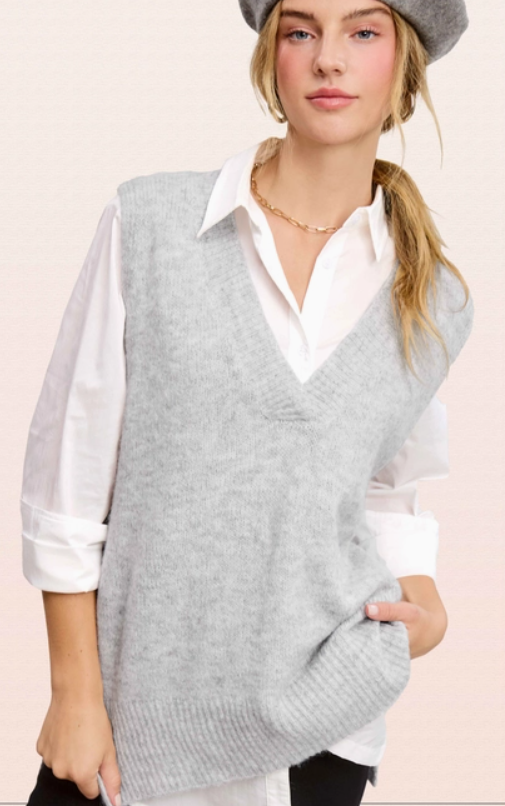 Oversized Soft Knit Sweater Vest with Side Slit