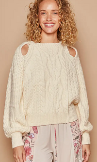 Round Neck Balloon Sleeve Key Hole Solid Sweater