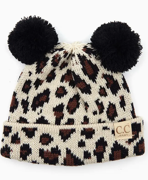 C.C Baby Leopard Knit Beanie with Double Pom Pom