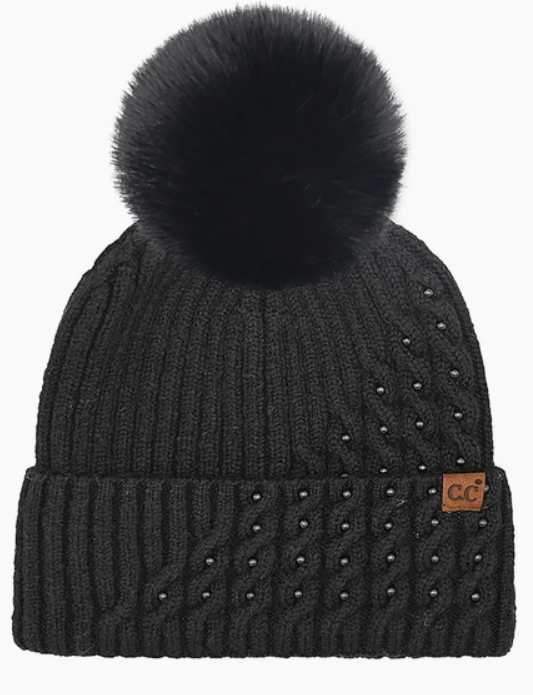 C.C Cable Pom with Pearl Embellishments Beanie