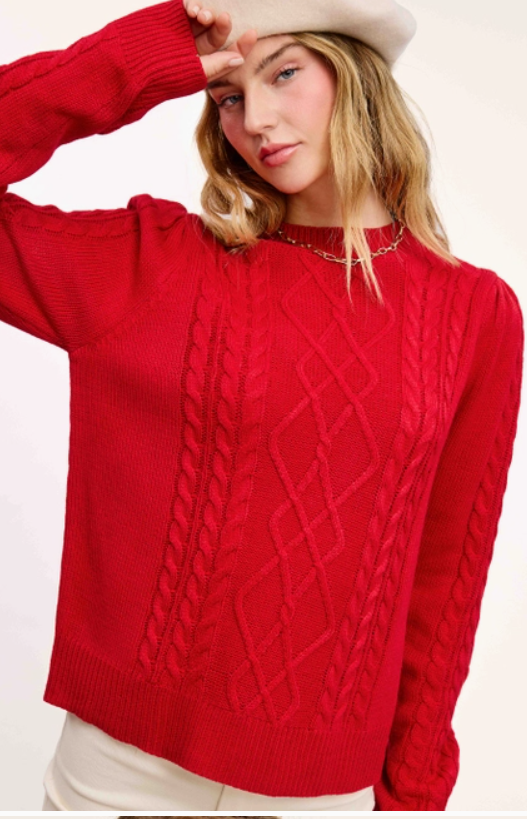 Ribbed Crew Neck Cable Knit Sweater