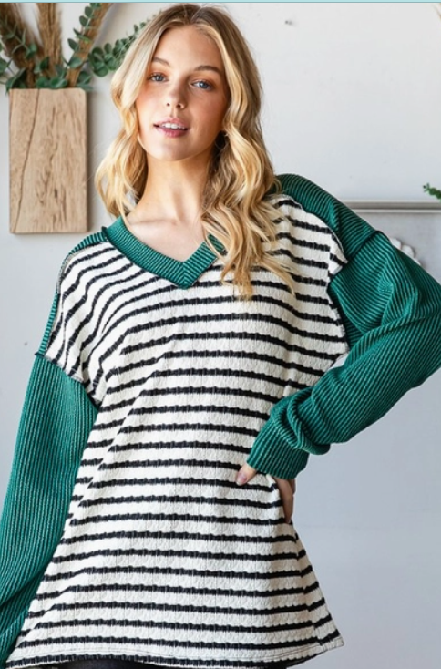 Stripe and Solid Ribbed Contrast Top