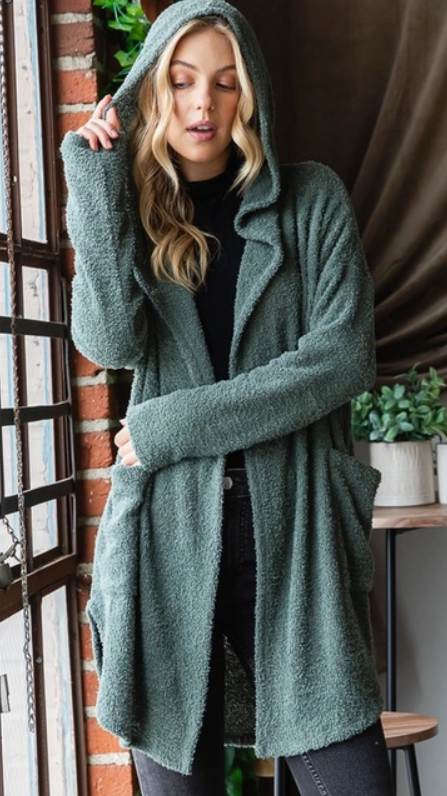 Long Sleeve Solid Cozy Knit Hoodie Open Cardigan