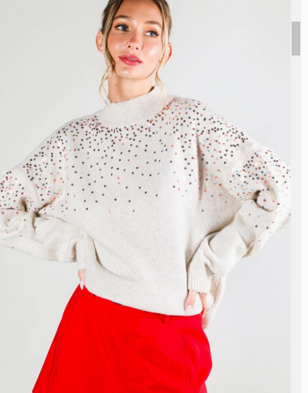 Sequin Embellishment Detail Mock Neck Knit Sweater