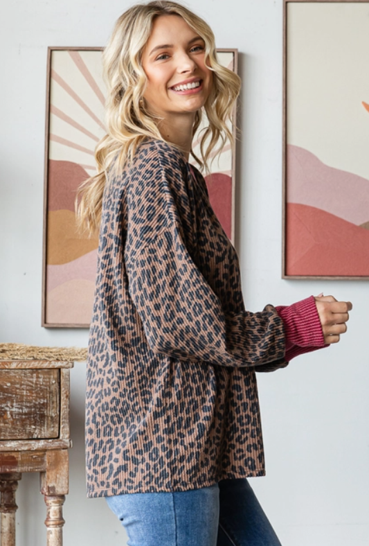 Long Sleeve Ribbed Animal Print