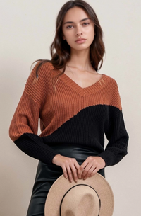 Asymmetrical Colorblock Back Tie Knit Sweater