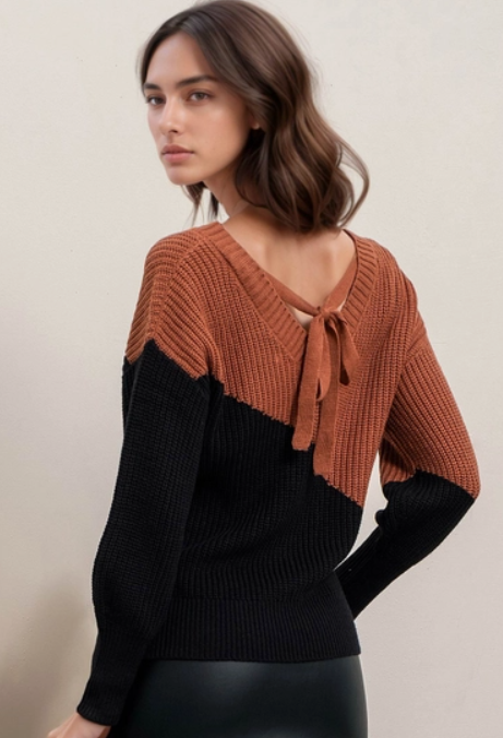 Asymmetrical Colorblock Back Tie Knit Sweater