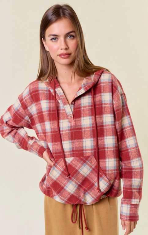 Flannel Plaid Pullover Hoodie w/ Kangaroo Pocket