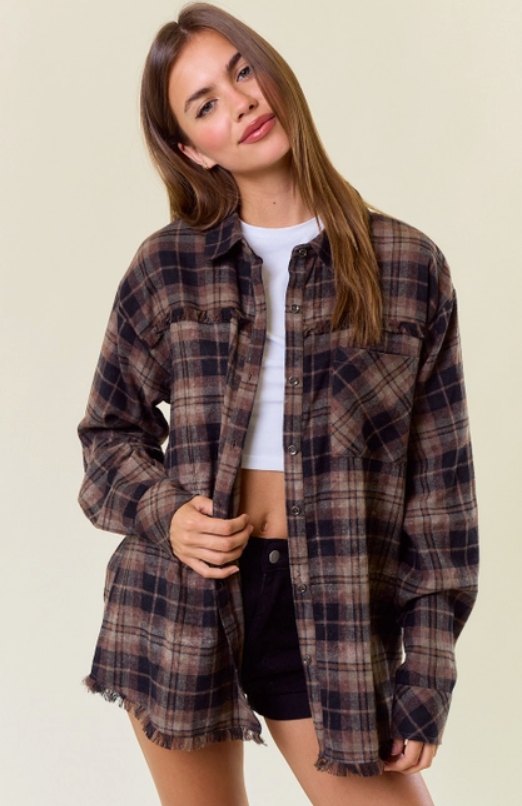 Plaid Flannel Shirt w/ Frayed Detail