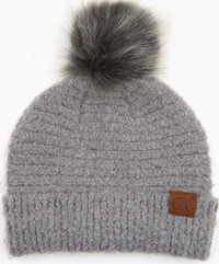 C.C Solid Boucle Yarn Beanie Pom Winter Ha