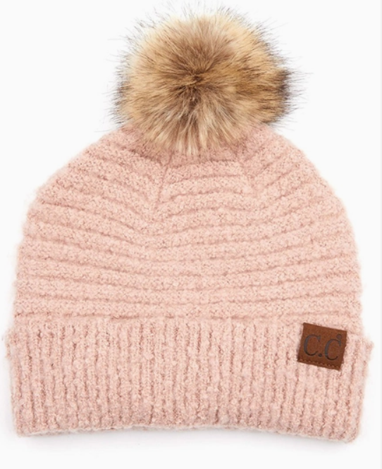 C.C Solid Boucle Yarn Beanie Pom Winter Ha