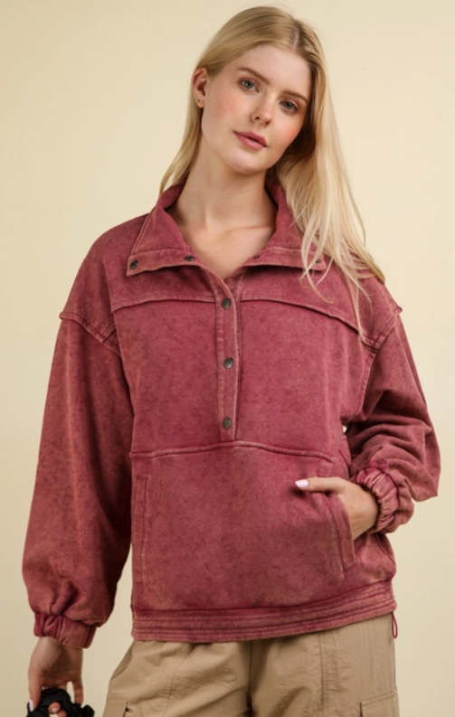 Mineral Washed Button Down Knit Sweatshirt