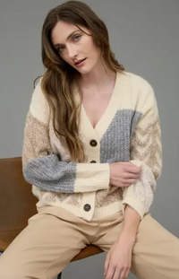 V Neck Patchwork Cable Knit Cardigan