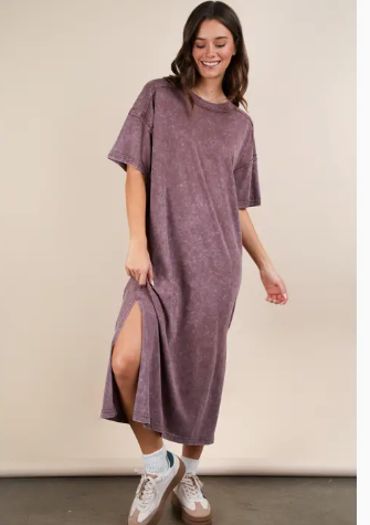 Mineral Washed Casual Comfy Midi Dress