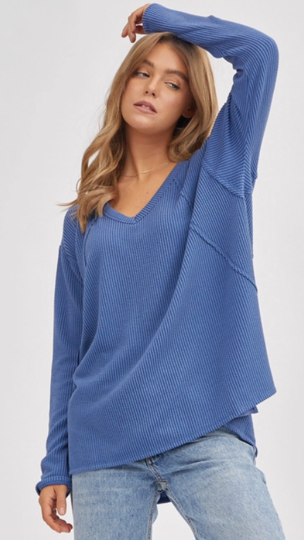 Rib V Neck Long Sleeve Top