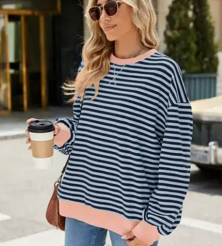 Relaxed Striped Crew Neck Sweater with Color Contrast