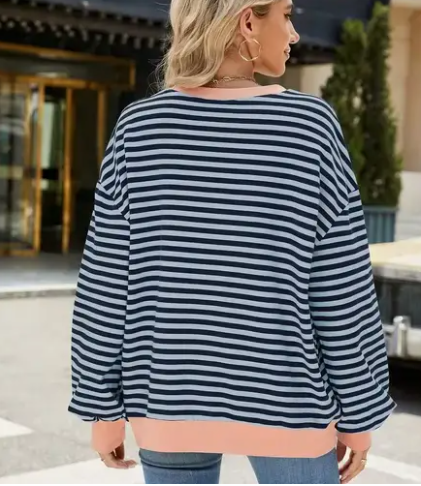 Relaxed Striped Crew Neck Sweater with Color Contrast