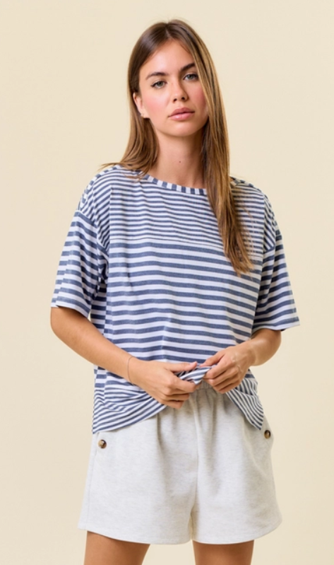 Boat Neck Short Sleeve Stripe Mix Tee w/ Side Slit