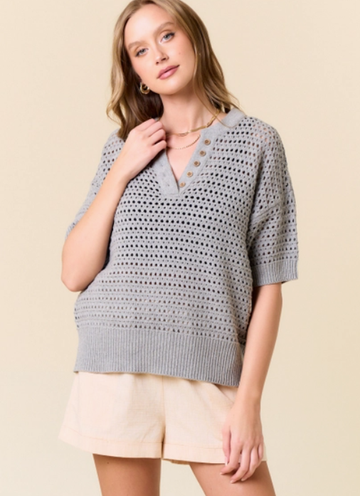 Drop Shoulder Short Sleeve Open-Knit Sweater Top