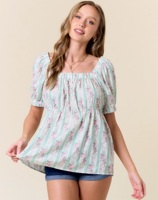 Floral Print Square Neckline Short Sleeve Top