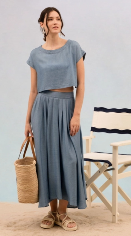 Chambray Pleated Midi Skirt