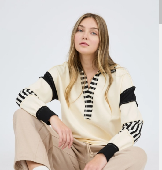 Patchwork Stripe Collared Long Sleeve Knit Top